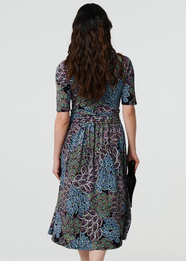 Izabel London Navy Leaf Print Faux Wrap Midi Dress