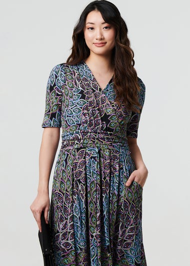 Izabel London Navy Leaf Print Faux Wrap Midi Dress