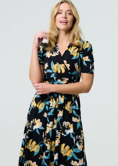 Izabel London Black Floral Short Sleeve Faux Wrap Midi Dress