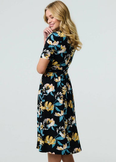 Izabel London Black Floral Short Sleeve Faux Wrap Midi Dress