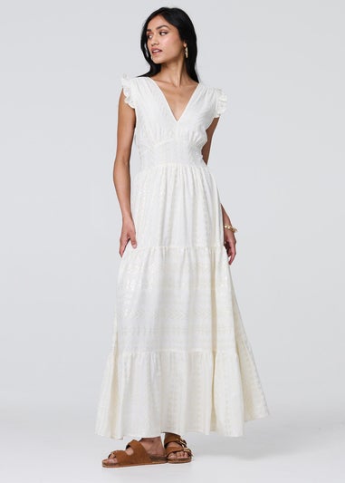 Izabel London White Metallic Detail Frill Cap Sleeve Maxi Dress