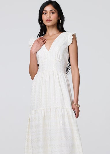 Izabel London White Metallic Detail Frill Cap Sleeve Maxi Dress