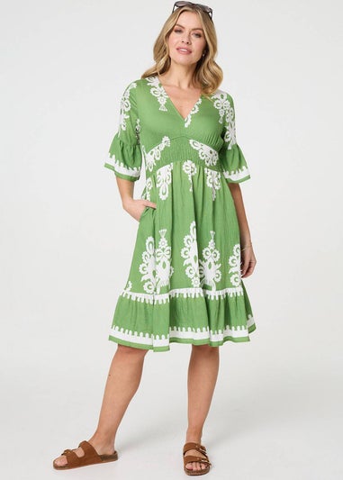 Izabel London Green Ikat Print Relaxed Short Dress