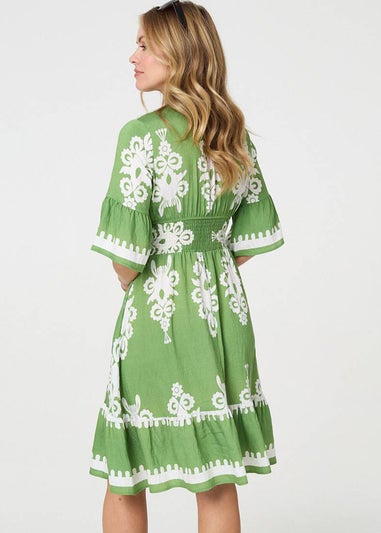 Izabel London Green Ikat Print Relaxed Short Dress