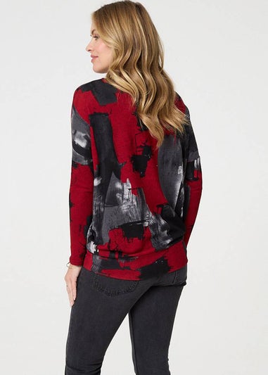 Izabel London Red Abstract Knit Long Sleeve Jumper