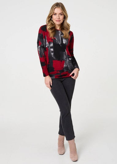 Izabel London Red Abstract Knit Long Sleeve Jumper