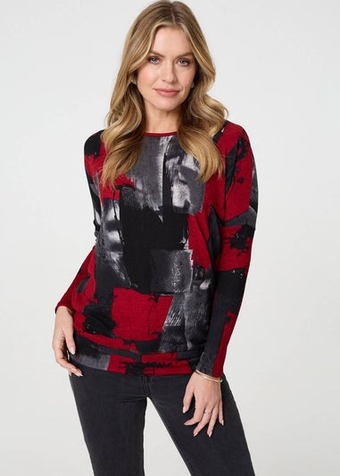 Izabel London Red Abstract Knit Long Sleeve Jumper