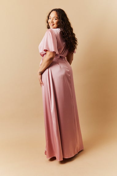 In The Style Rose Pink Satin Wrap Tie Angel Sleeve Maxi Dress