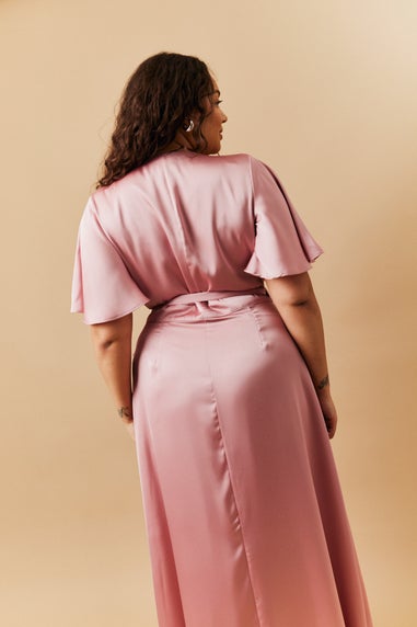 In The Style Rose Pink Satin Wrap Tie Angel Sleeve Maxi Dress