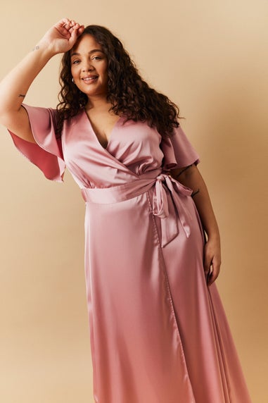 In The Style Rose Pink Satin Wrap Tie Angel Sleeve Maxi Dress