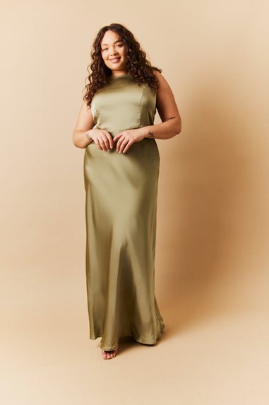 In The Style Olive Satin Cowl Back Maxi Dress