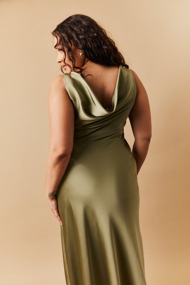 In The Style Olive Satin Cowl Back Maxi Dress