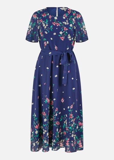 Yumi Navy Daisy Mirror Placement Skater Dress With Angel Sleeves