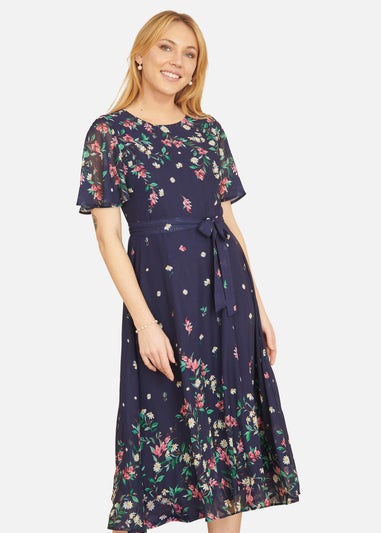 Yumi Navy Daisy Mirror Placement Skater Dress With Angel Sleeves