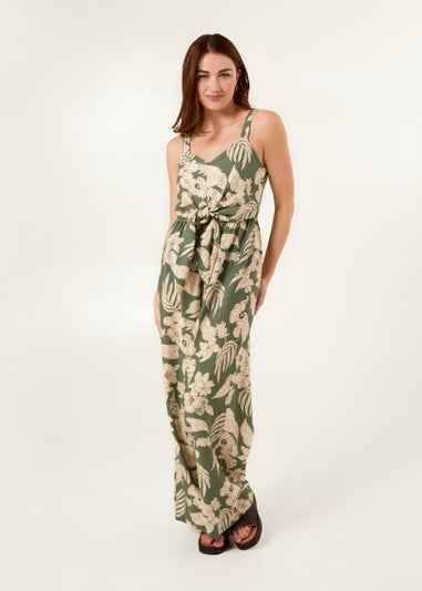 Blue Vanilla Khaki Tropical Print Tie Front Jumpsuit