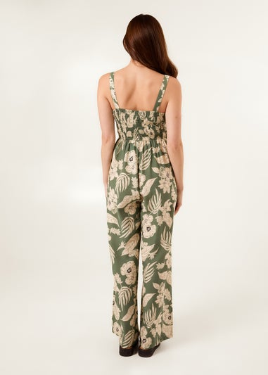 Blue Vanilla Khaki Tropical Print Tie Front Jumpsuit