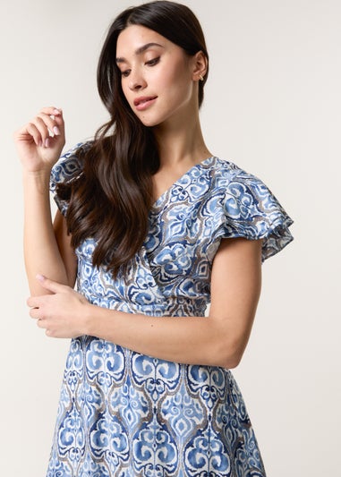 Blue Vanilla Blue Printed Frill Sleeve Wrap Front Belted Waist Dress