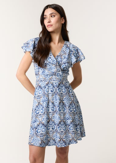 Blue Vanilla Blue Printed Frill Sleeve Wrap Front Belted Waist Dress