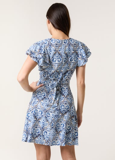 Blue Vanilla Blue Printed Frill Sleeve Wrap Front Belted Waist Dress