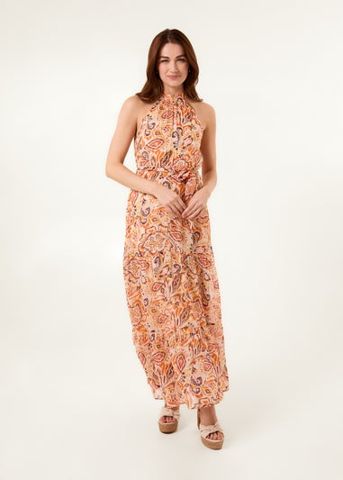 Blue Vanilla Orange Halter Neck Belted Waist Maxi Dress