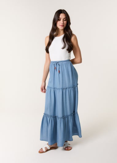 Blue Vanilla Denim Beaded Tiered Midi Skirt