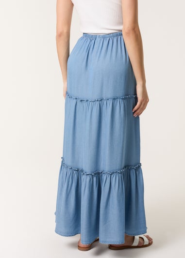 Blue Vanilla Denim Beaded Tiered Midi Skirt