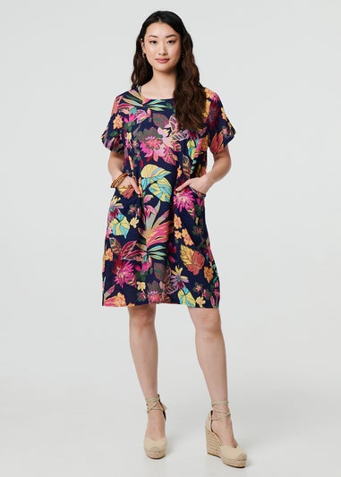 Izabel London Navy Tropical Print Knee Length Shift Dress