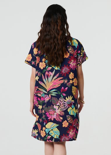 Izabel London Navy Tropical Print Knee Length Shift Dress