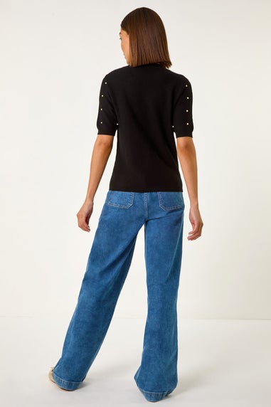 Roman Black Faux Pearl Embellished Knit Top