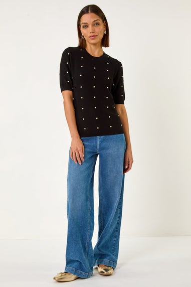 Roman Black Faux Pearl Embellished Knit Top