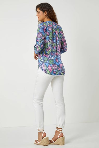 Roman Pink Textured Floral Print Stretch Tunic Shirt