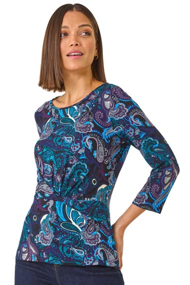 Roman Blue Paisley Print Twist Front Top