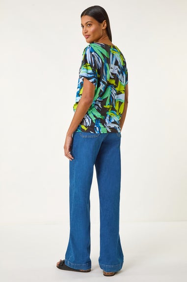 Roman Navy Abstract Print V-Neck Stretch Top
