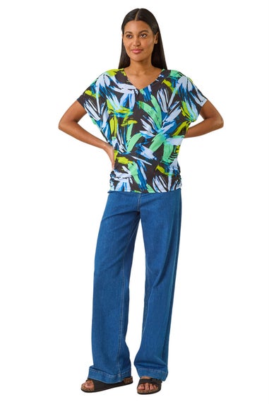 Roman Navy Abstract Print V-Neck Stretch Top