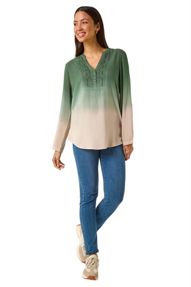 Roman Green Dip Dye Print V-Neck Top