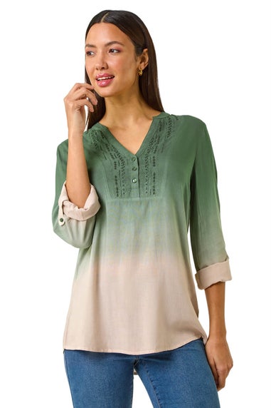 Roman Green Dip Dye Print V-Neck Top