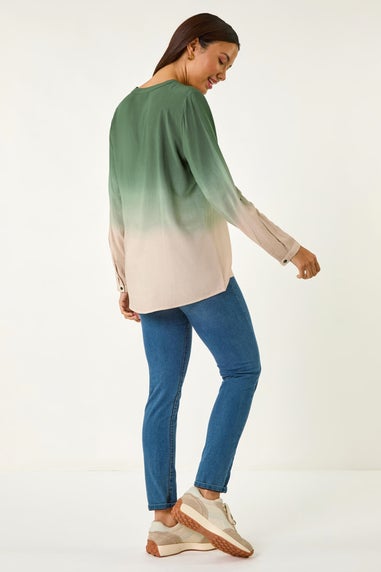 Roman Green Dip Dye Print V-Neck Top