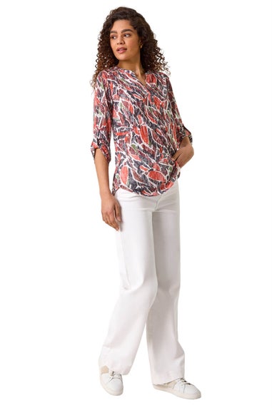 Roman Red Abstract Print Burnout V-Neck Shirt