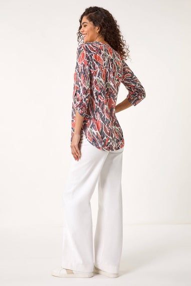 Roman Red Abstract Print Burnout V-Neck Shirt