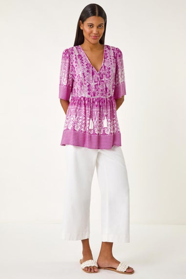 Roman Purple Abstract Print Tassel Top