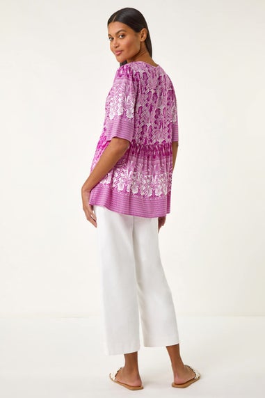 Roman Purple Abstract Print Tassel Top