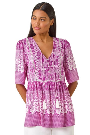 Roman Purple Abstract Print Tassel Top