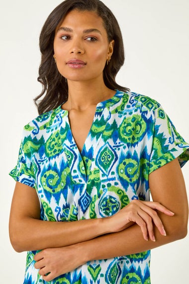 Roman Blue Abstract Print V-Neck Top