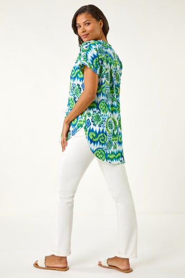 Roman Blue Abstract Print V-Neck Top