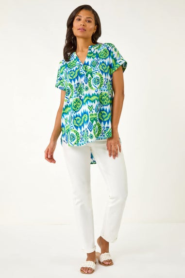 Roman Blue Abstract Print V-Neck Top