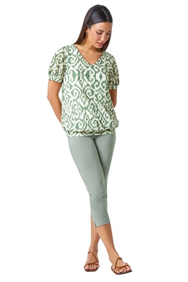 Roman Green Aztec Print V-Neck Blouson Hem Top