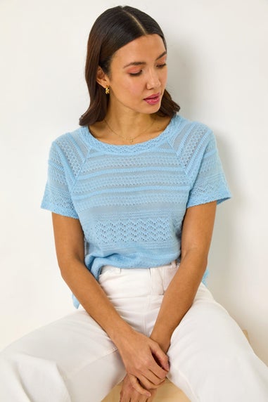 Roman Blue Crochet Knit Top