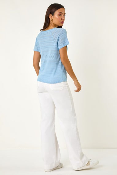 Roman Blue Crochet Knit Top
