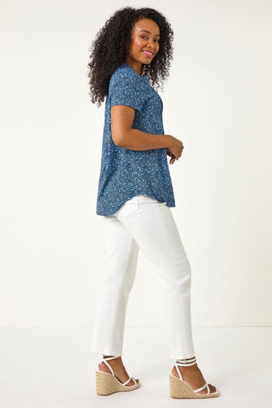 Roman Navy Petite Floral Print V-Neck Stretch Top