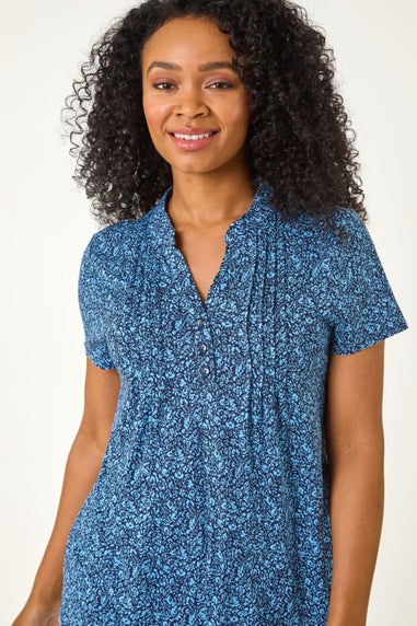 Roman Navy Petite Floral Print V-Neck Stretch Top
